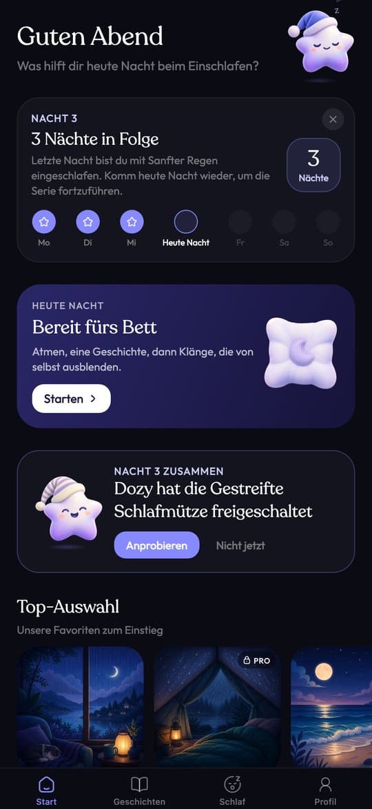 Der Startbildschirm von Sleepy mit Serie, Abendroutine und Top-Empfehlungen