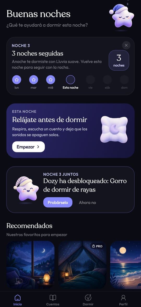 Pantalla de inicio de Sleepy con la racha, la relajación antes de dormir y las mejores recomendaciones