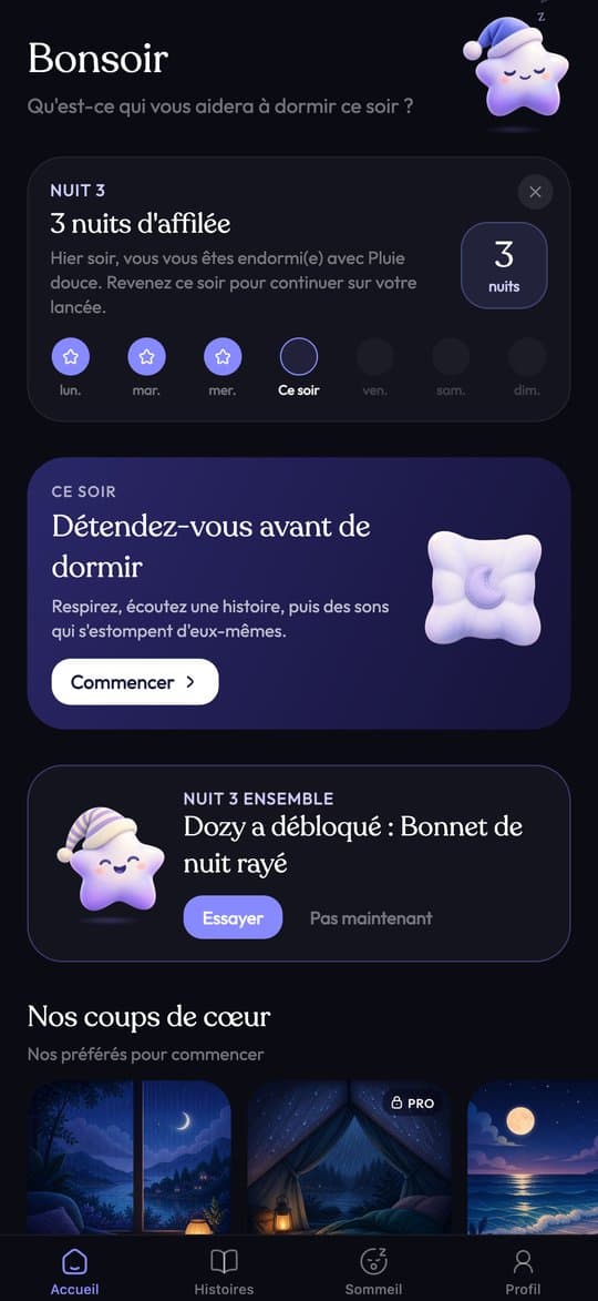 L'écran d'accueil de Sleepy avec la série de nuits, la détente et les sélections du moment