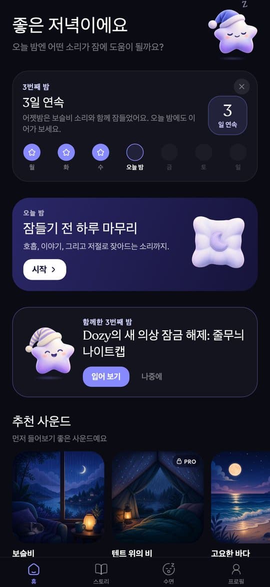 연속 기록, 잠들기 루틴, 추천 소리가 보이는 Sleepy 홈 화면