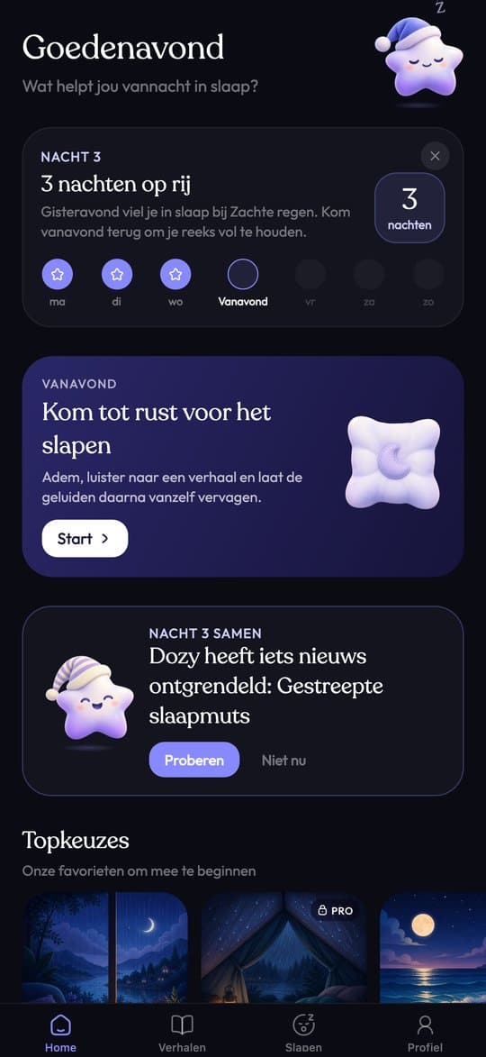 Het beginscherm van Sleepy met je reeks, ontspanroutine en tophits