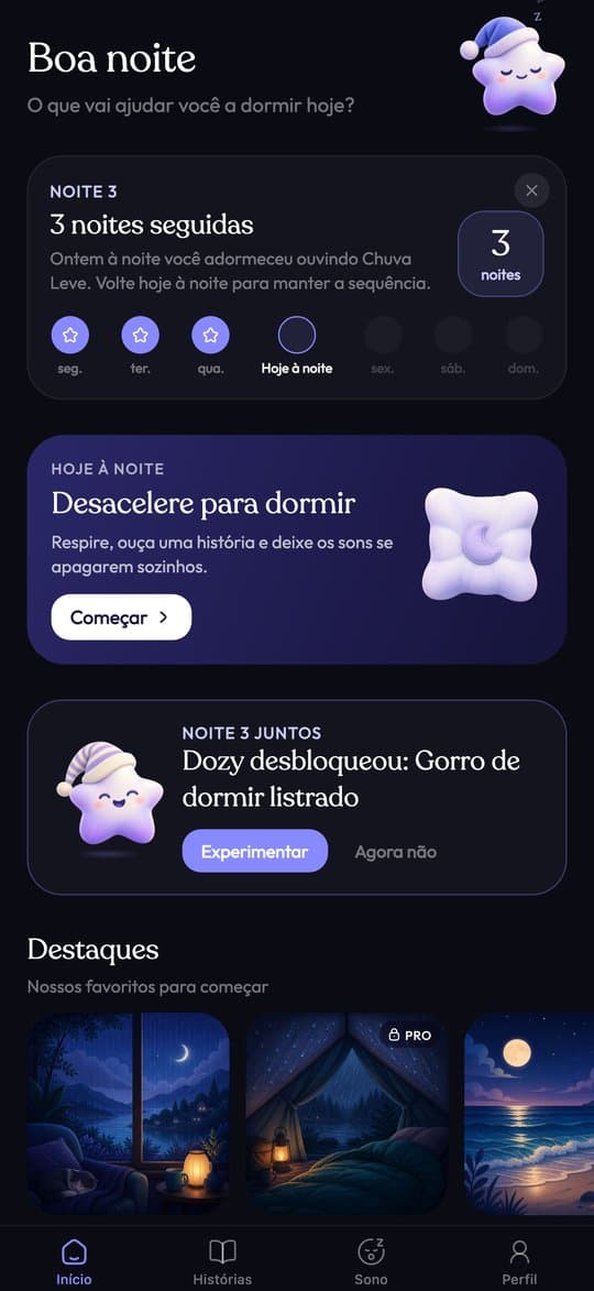 Tela inicial do Sleepy com a sequência de noites, o relaxamento e as sugestões favoritas