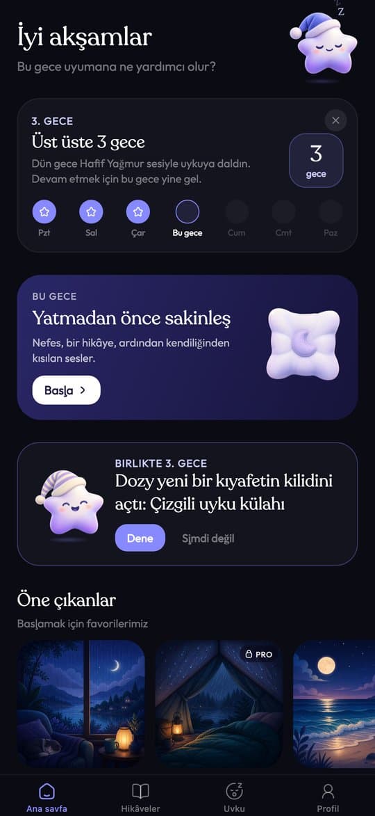 Sleepy'nin ana ekranı: seri, rahatlama ve öne çıkanlar